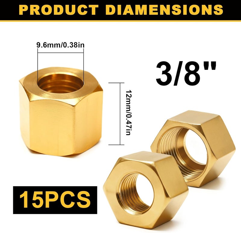 Siptenk 15PCS 3/8" Brass Compression Nuts, Brass Compression Fitting for Air Brake Lines, Water, Oil, Fuel Inert Gases Plumbing System - Image 2